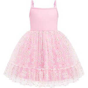 🆕Toddler Girls Pink Daisy Tulle Dress Rainbow Tutu Birthday Princess 2-6T